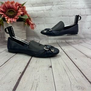 antonio melani navy Leather Women's ballet Flats Silver buckle Accents sz 8